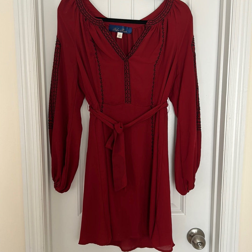 Crimson Long Sleeve Dress with Navy Stitch Detailing